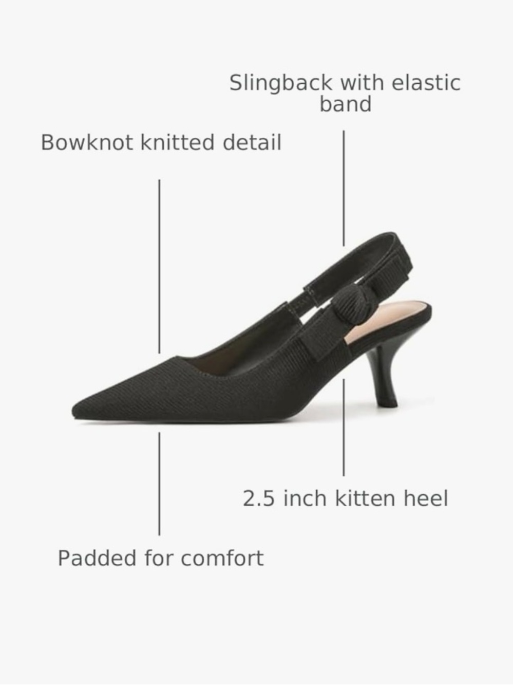 Black Slingback Pointed-Toe Kitten Heel Pumps - Picture 5 of 7